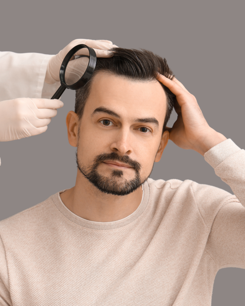 A Specialist Using A Magnifying Glass To Examine A Man'S Hairline, Illustrating Professional Hair Restoration New York Consultation Services At Hair Regrow Solutions.