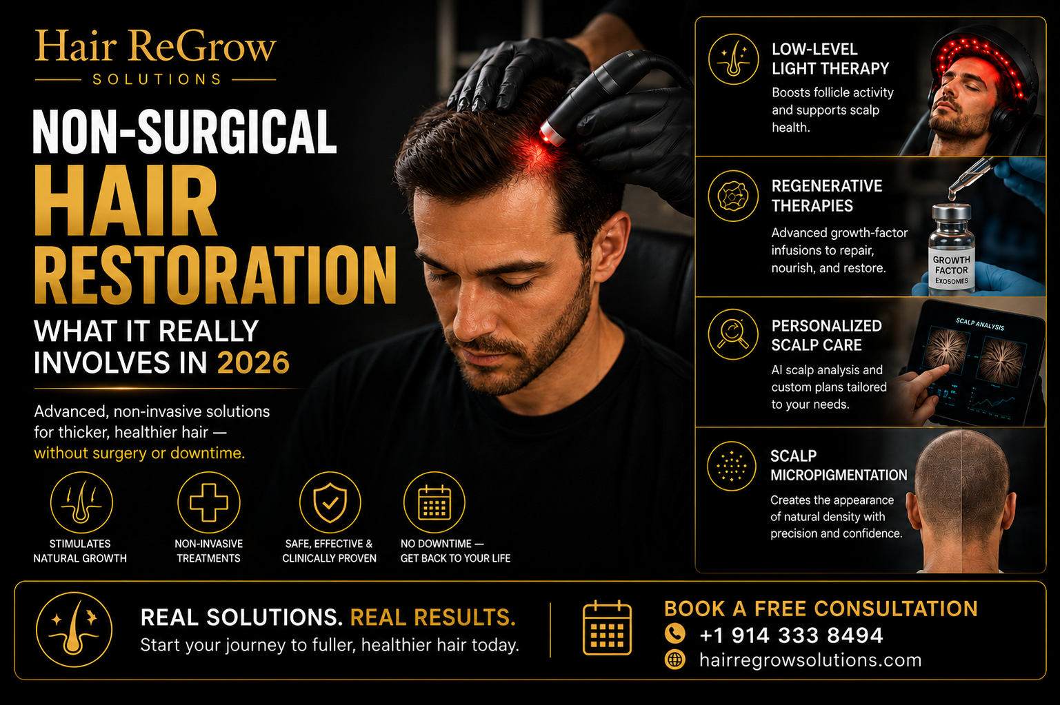 Non-surgical hair restoration treatment with scalp therapy, red light therapy, regenerative care, and personalized hair regrowth solutions
