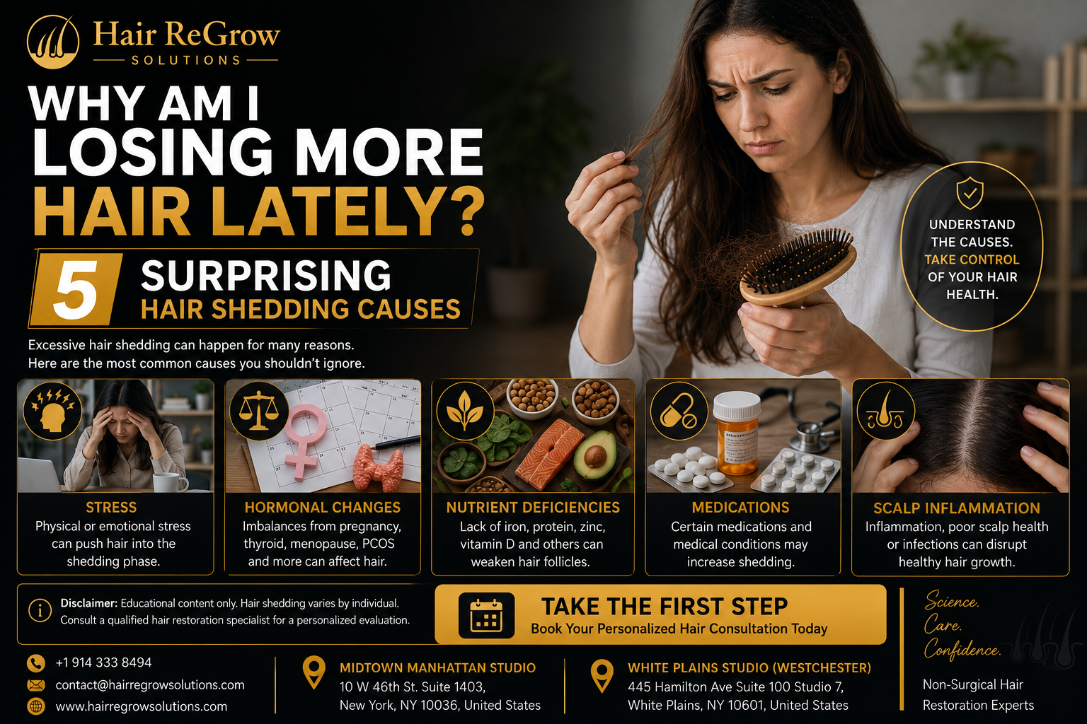 Hair Loss Treatment guide explaining five common causes of hair shedding and Hair Restoration solutions for healthier hair growth.
