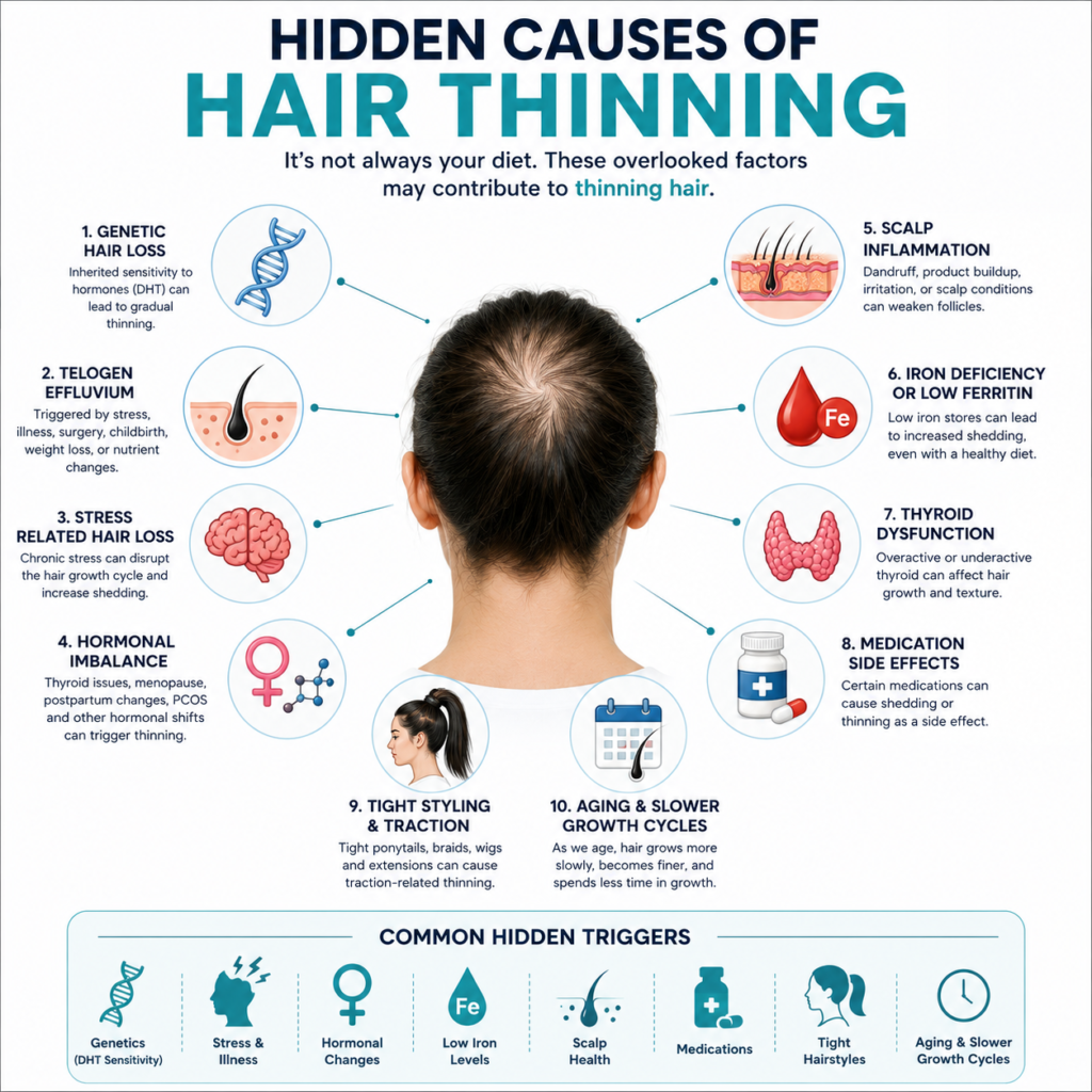 Hair Thinning Causes Infographic Explaining Why Hair Is Thinning, Including Genetic Hair Loss, Stress, Hormonal Imbalance, Scalp Inflammation, Iron Deficiency, Thyroid Disorders, Medications, Traction, And Aging.