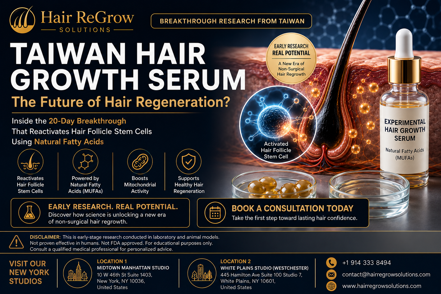 Taiwan Hair Growth Serum promotes non-surgical hair restoration using natural fatty acids (MUFAs) to support hair follicle stem cell activation and healthy hair regeneration.