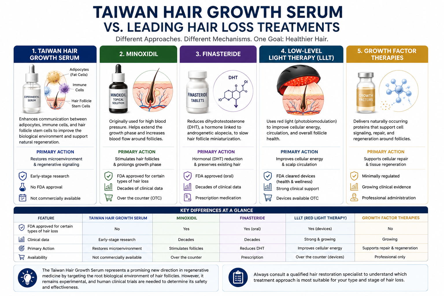 Comparison Chart Of Taiwan Hair Growth Serum Vs Minoxidil, Finasteride, Low Level Light Therapy, Growth Factor Therapy, And Prp For Hair Loss Treatment.