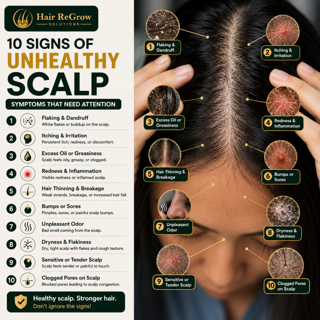 Infographic Showing 10 Signs Of Unhealthy Scalp Including Dandruff, Itching, Excess Oil, Redness, Hair Thinning, Bumps, Sores, Odor, Dryness, And Sensitivity.