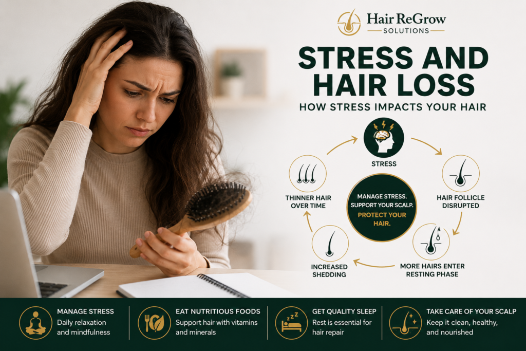 Stress And Hair Loss Infographic Showing How Chronic Stress Affects Hair Follicles, Increases Shedding, And Causes Hair Thinning Over Time.